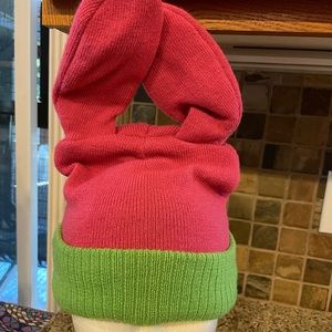 Two-Tone Pink and Green Knit Beanie Hat